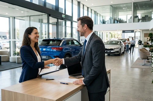 DriveWise lending specialist reviewing a car loan application with a client in a bright modern office